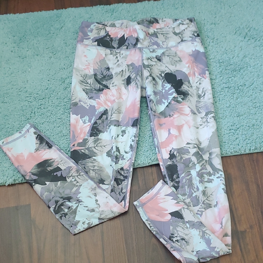 Fabletics Floral Leggings - Pink and Gray